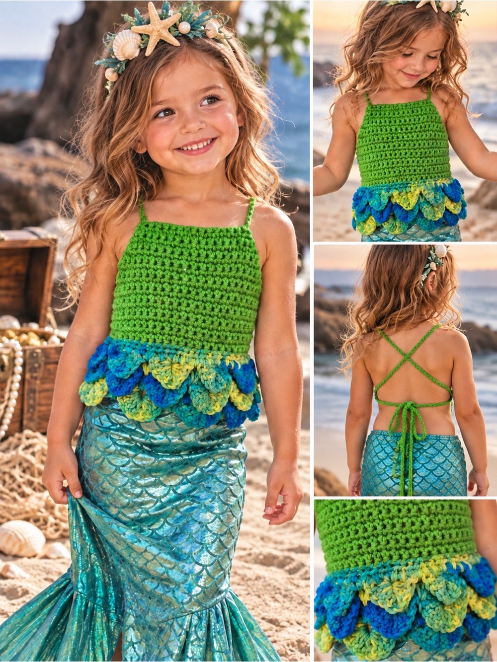 Handmade Crochet Mermaid Top Girls 3-5 Years Green Blue Scalloped Halloween Cost